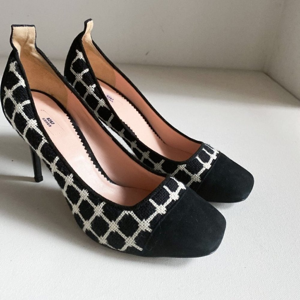 6267 Shoes Plaid  Cap Toe Tweed Black White High Heels 38.5